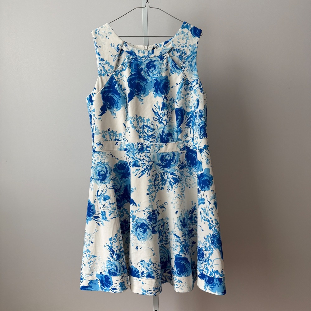 Jay‎ Godfrey 22W Blue White Floral  Flare Scuba Dress Coquette Feminine Cottage